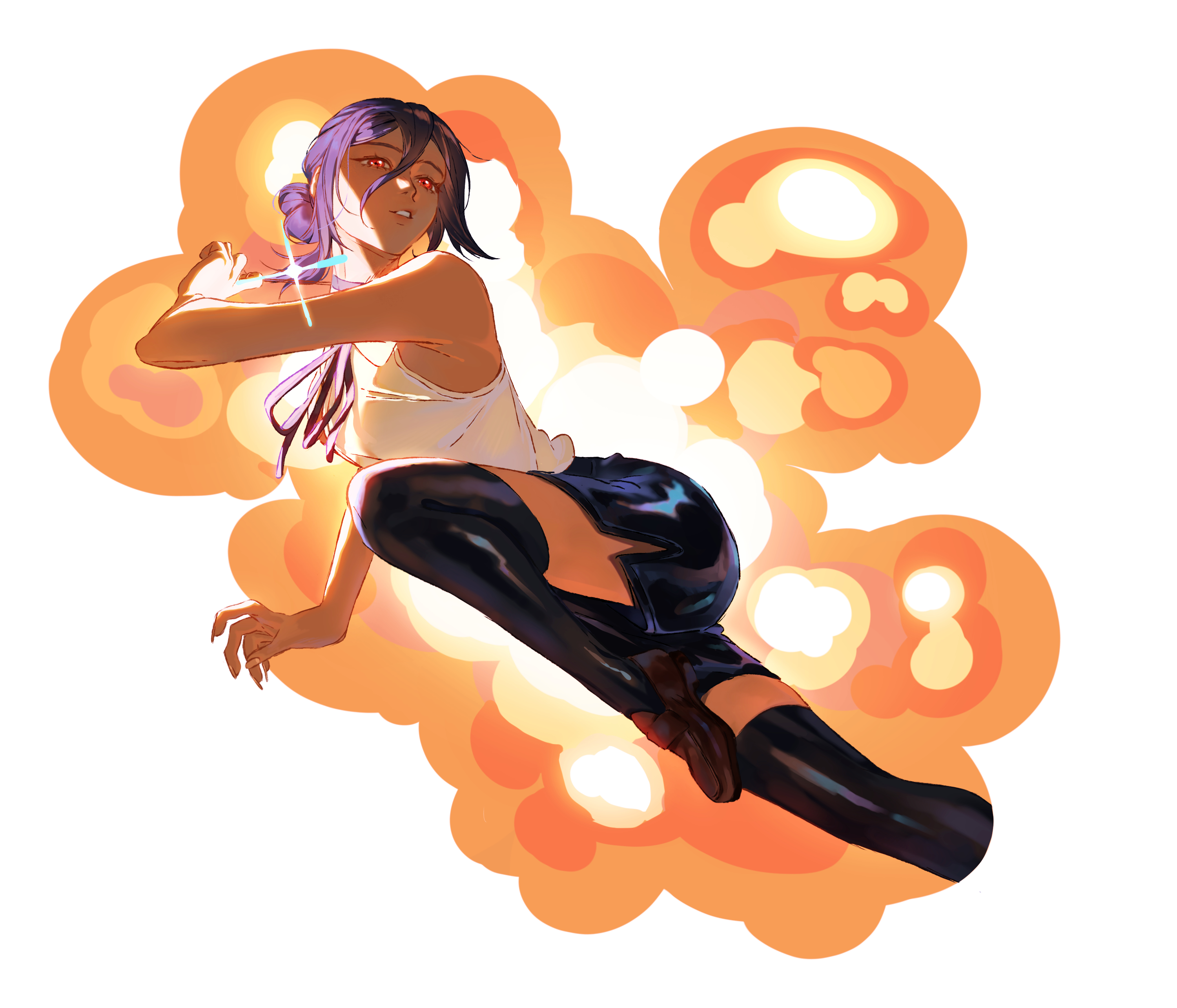 laudroart, reze (chainsaw man), chainsaw man, absurdres, highres, 1girl, black shorts, black thighhighs, explosion, explosion background, hair bun, neck ribbon, pink eyes, purple hair, purple ribbon, ribbon, shirt, shorts, sleeveless, sleeveless shirt, solo, thighhighs, white background, white shirt