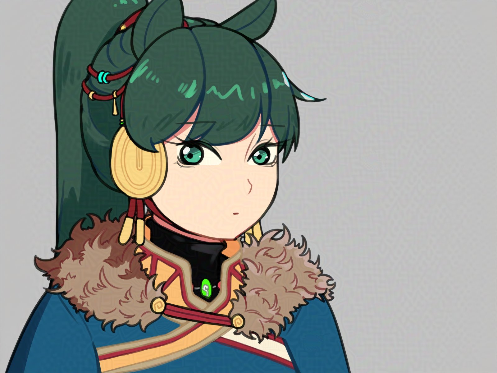 spoil er, lyn (fire emblem), lyn (plains wind) (fire emblem), fire emblem, fire emblem: the blazing blade, fire emblem shadows, nintendo, highres, 1girl, animal ears, blue dress, closed mouth, dress, fur trim, green eyes, green hair, hair ornament, high ponytail, horse ears, horse girl, long hair, looking at viewer, ponytail, simple background, solo, upper body, very long hair