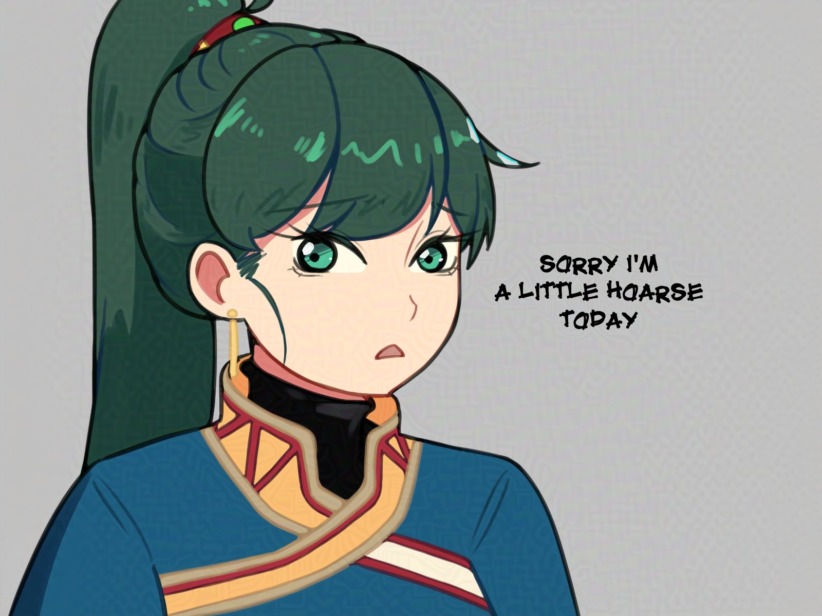 spoil er, lyn (fire emblem), fire emblem, fire emblem: the blazing blade, nintendo, highres, 1girl, blue dress, dress, earrings, english text, green eyes, green hair, high ponytail, jewelry, long hair, looking at viewer, open mouth, ponytail, pun, simple background, solo, upper body, very long hair