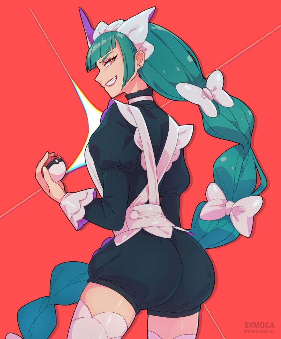 symoca, lebanne (pokemon), nintendo, pokemon, pokemon legends: z-a, 1girl, apron, ass, black romper, bow, braid, braided ponytail, brown eyes, green hair, grin, holding, holding poke ball, juliet sleeves, long braid, long hair, long sleeves, looking at viewer, looking back, maid, maid apron, maid headdress, open mouth, poke ball, poke ball (basic), puffy sleeves, romper, smile, solo, teeth, thighhighs, white bow, white thighhighs