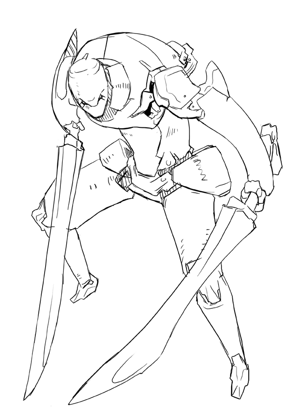 pump (pumpqmuq), original, dual wielding, greyscale, holding, mecha, monochrome, no humans, robot, sword, weapon