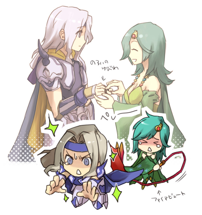 jj0etn, okesa, cecil harvey, paladin (final fantasy), rydia (adult) (ff4), rydia (ff4), final fantasy, final fantasy iv, translation request, 1990s (style), 1boy, 1girl, aged up, armor, bare shoulders, blue eyes, cape, closed eyes, detached sleeves, green hair, hair ornament, hairpin, headband, jewelry, paladin, retro artstyle, ring, sweatdrop, tears, whip, white hair