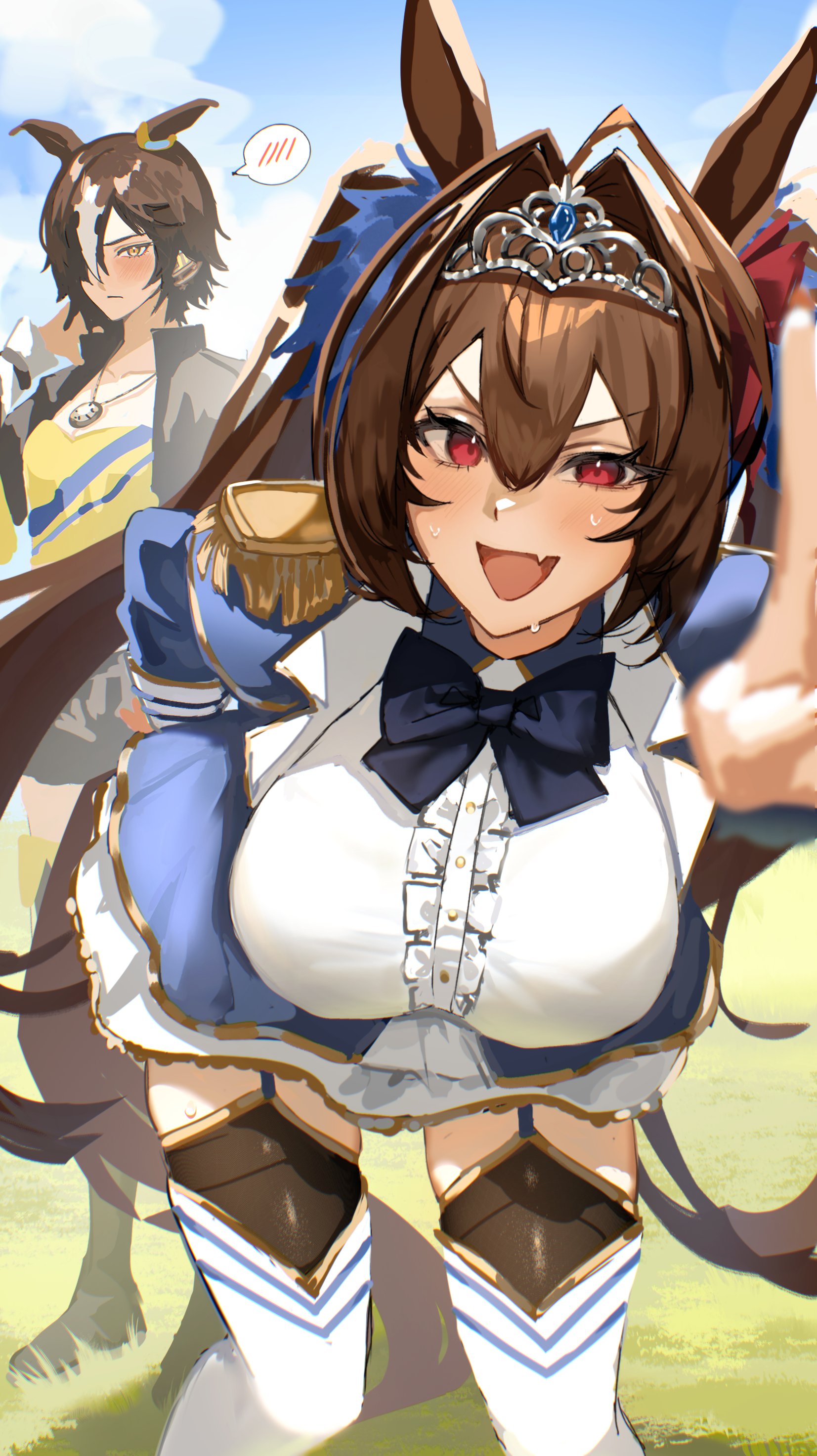 choripan, daiwa scarlet (peak blue) (umamusume), daiwa scarlet (umamusume), vodka (umamusume), vodka (wild top gear) (umamusume), umamusume, absurdres, highres, 2girls, animal ears, black boots, black jacket, black shorts, blue bow, blue jacket, blue skirt, blue sky, blush, boots, bow, breasts, brown eyes, brown hair, center frills, closed mouth, cloud, epaulettes, fang, framed breasts, frills, garter straps, grass, hair between eyes, hair intakes, hair over one eye, horse ears, horse girl, horse tail, jacket, large breasts, layered skirt, long hair, long sleeves, looking at viewer, multicolored hair, multiple girls, open mouth, outdoors, red eyes, shirt, shorts, skirt, sky, smile, speech bubble, stopwatch, stopwatch around neck, sweat, tail, thigh boots, thighhighs, tiara, twintails, very long hair, watch, white hair, white shirt, white skirt, white thighhighs, yellow shirt