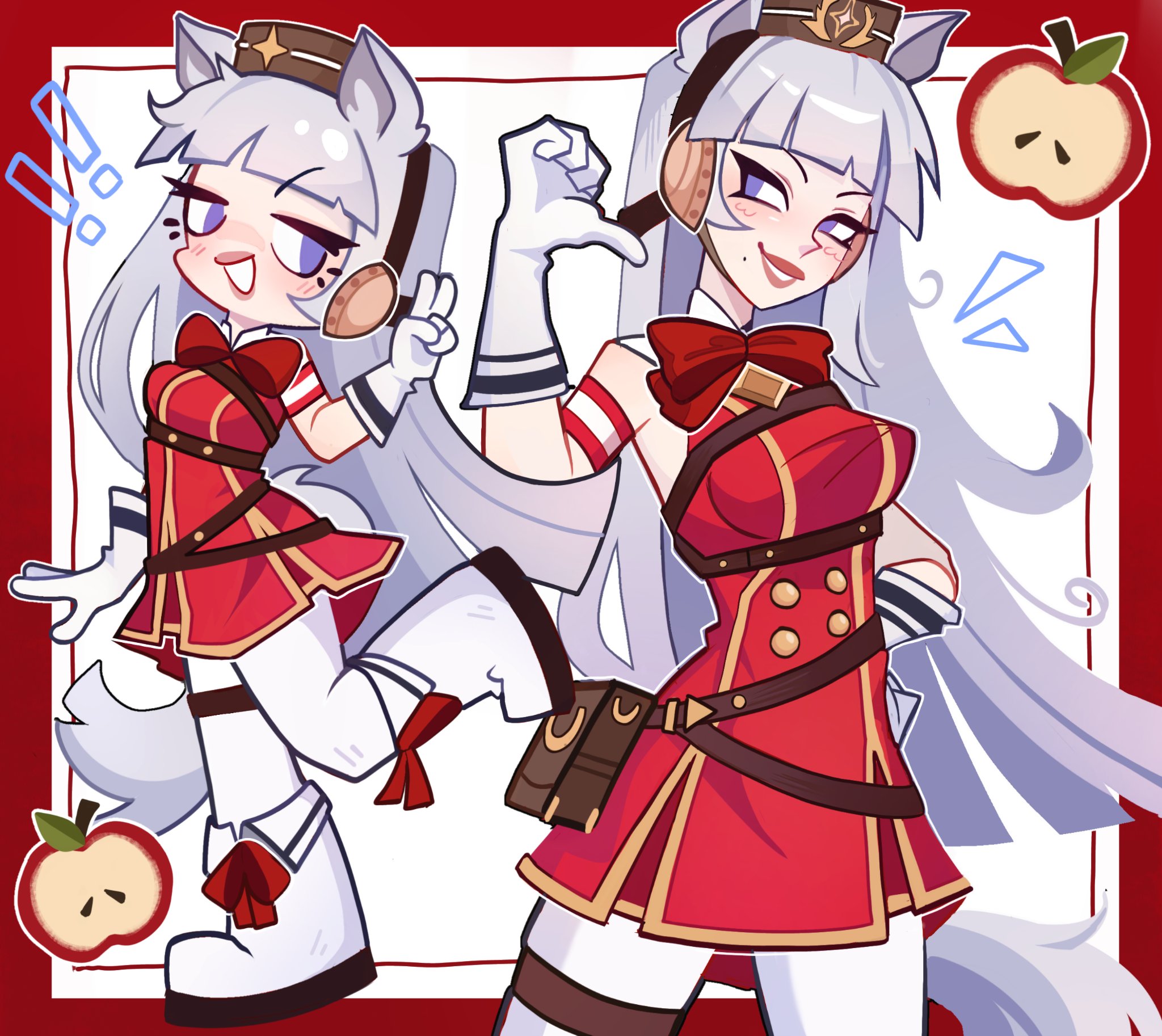 crocopiru, gold ship (red strife) (umamusume), gold ship (umamusume), umamusume, highres, 1girl, animal ears, apple, armband, belt pouch, blunt bangs, blush, bow, bowtie, breasts, brown hat, dress, food, fruit, gloves, grey hair, hat, horse ears, horse girl, horse tail, leggings, long hair, looking at viewer, medium breasts, open mouth, pantyhose, pillbox hat, pointing, pointing at self, pouch, purple eyes, red armband, red bow, red bowtie, red dress, sleeveless, sleeveless dress, smile, striped armband, striped clothes, tail, thigh strap, v, white armband, white gloves, white leggings, white pantyhose