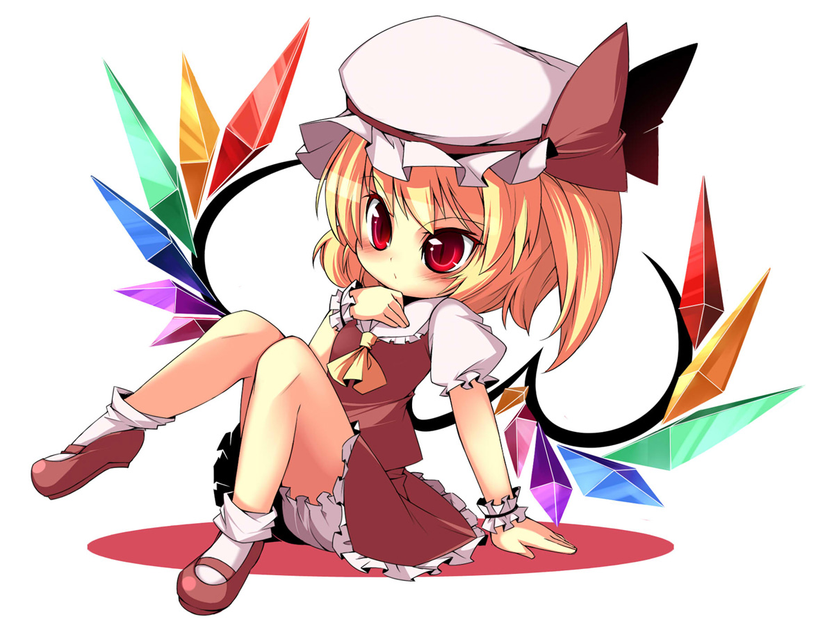 beihan, kokka han, flandre scarlet, touhou, 1girl, blonde hair, blouse, chibi, collared shirt, female focus, hat, mob cap, red eyes, red shoes, shirt, shoes, short hair, solo, white hat, white shirt, wings, wrist cuffs