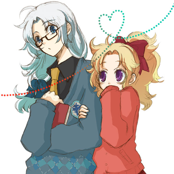 hazime-shu, cecil harvey, tina branford, dissidia final fantasy, final fantasy, final fantasy iv, final fantasy vi, argyle, silver hair, 1990s (style), 1boy, 1girl, blonde hair, blue eyes, book, bow, couple, glasses, heart, heart of string, hetero, long hair, necktie, ponytail, purple eyes, ribbon, sweater
