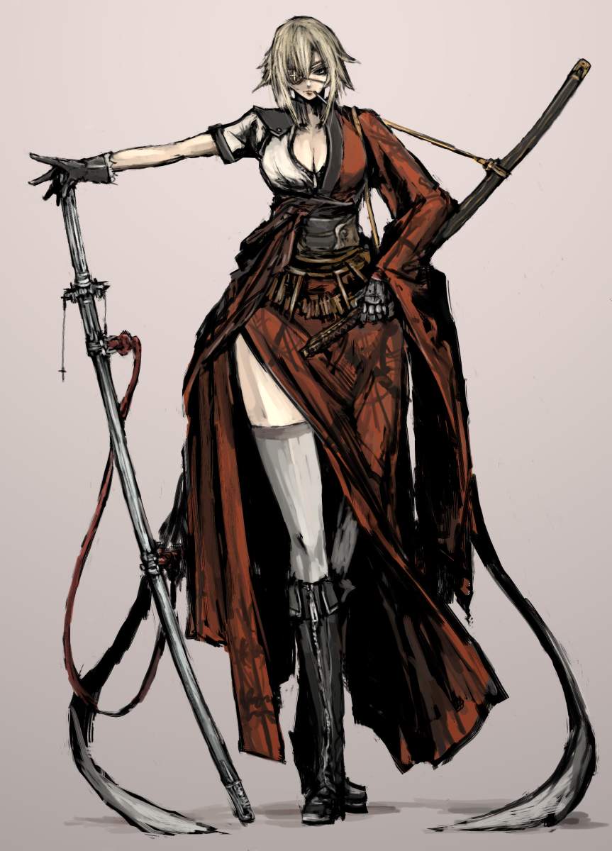 moto murabito, original, highres, traditional media, 1girl, blonde hair, boots, cigarette, eyepatch, female focus, gloves, japanese clothes, katana, solo, sword, thighhighs, weapon