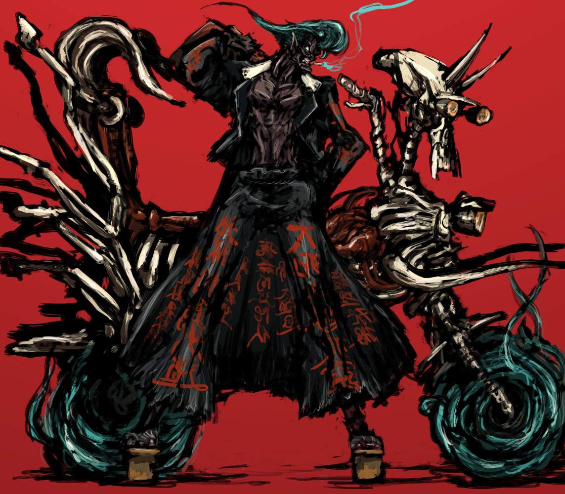 moto murabito, original, vehicle, traditional media, 1boy, banchou, bone, bousouzoku, cigarette, clothes writing, coat, delinquent, epic, geta, hakama, hakama skirt, horns, japanese clothes, male focus, motor vehicle, motorcycle, pointy ears, pompadour, red background, red hakama, simple background, skirt, solo, tokkoufuku, topless male