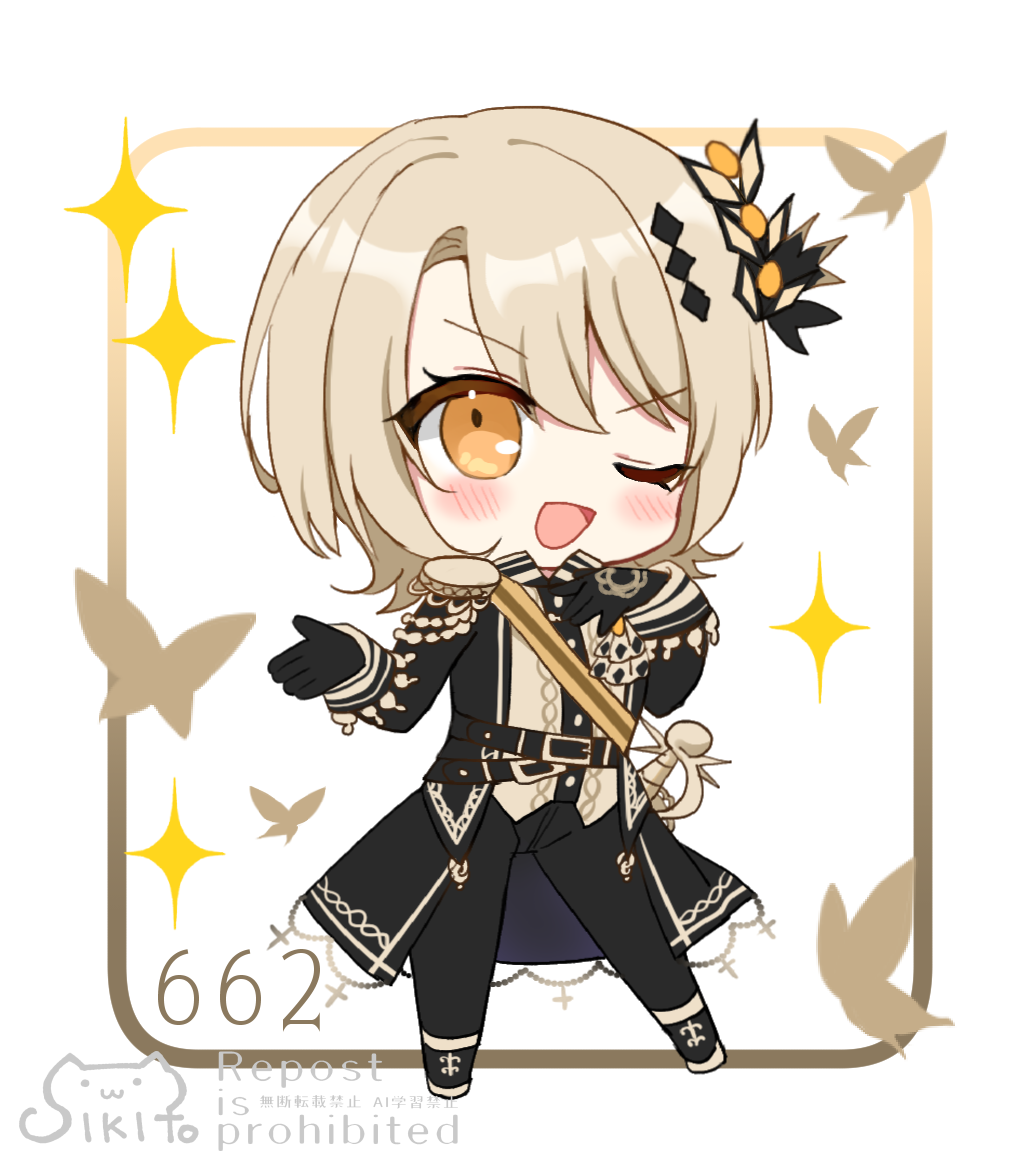 shikito (yawa0w0), hasumi leia, mahou shoujo no majo saiban, 1girl, ;d, animal, black gloves, black jacket, black pants, blush, brown eyes, brown hair, brown shirt, bug, butterfly, chibi, collared shirt, dress shirt, epaulettes, full body, gloves, hands up, insect, jacket, long sleeves, looking at viewer, one eye closed, open clothes, open jacket, open mouth, pants, shirt, smile, solo, sparkle, standing, v-shaped eyebrows, watermark, white background