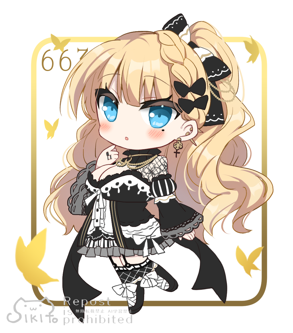 shikito (yawa0w0), saeki miria, mahou shoujo no majo saiban, 1girl, black boots, black bow, black dress, blonde hair, blue eyes, blush, boots, bow, braid, breasts, bug, butterfly, chibi, chibi only, cleavage, dress, earrings, frilled dress, frills, full body, hair bow, insect, jewelry, large breasts, long hair, looking at viewer, magical girl, one side up, open mouth, solo, standing, very long hair, watermark, white background