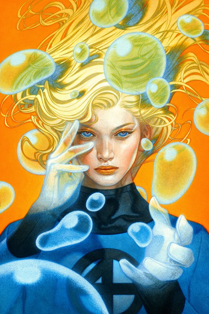 sue storm, fantastic four, marvel, acrylic paint (medium), colored pencil (medium), official art, painting (medium), traditional media, 1girl, blonde hair, blue bodysuit, blue eyes, bodysuit, breasts, bubble, closed mouth, floating hair, hand on own cheek, hand on own face, invisible, long hair, looking at viewer, medium breasts, my name is tran, orange background, solo, upper body, wavy hair