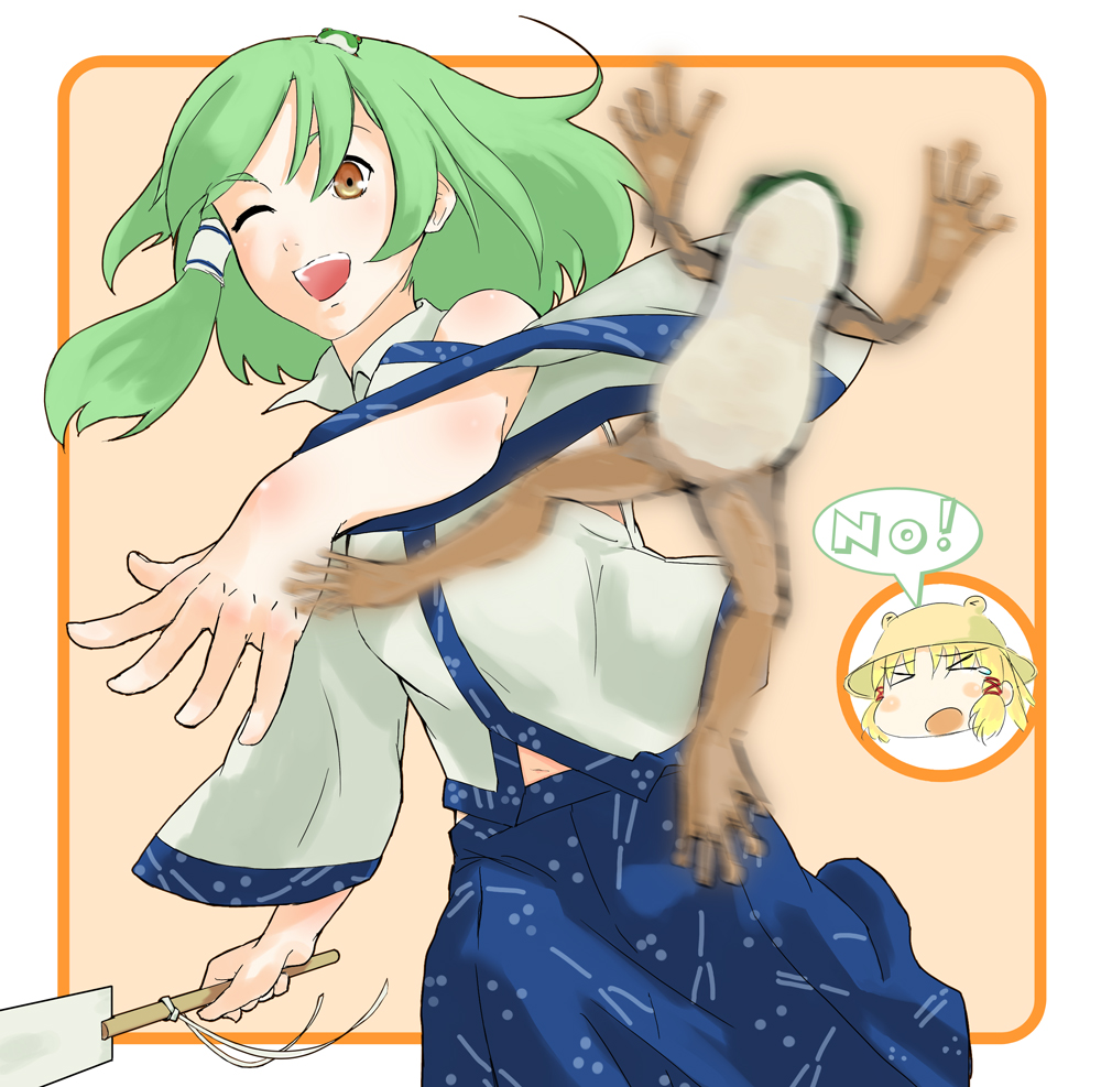 had (had314), kochiya sanae, moriya suwako, touhou, bad id, bad pixiv id, 2girls, blonde hair, detached sleeves, english text, female focus, frog, gohei, green hair, hair ornament, hat, multiple girls, navel, one eye closed, short hair, skirt, throwing, wink, yellow eyes