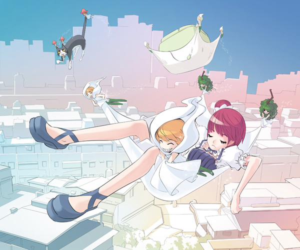 pump (pumpqmuq), original, 5girls, animal, blonde hair, cat, cityscape, fairy, flying, multiple girls, red hair, size difference, sleeping