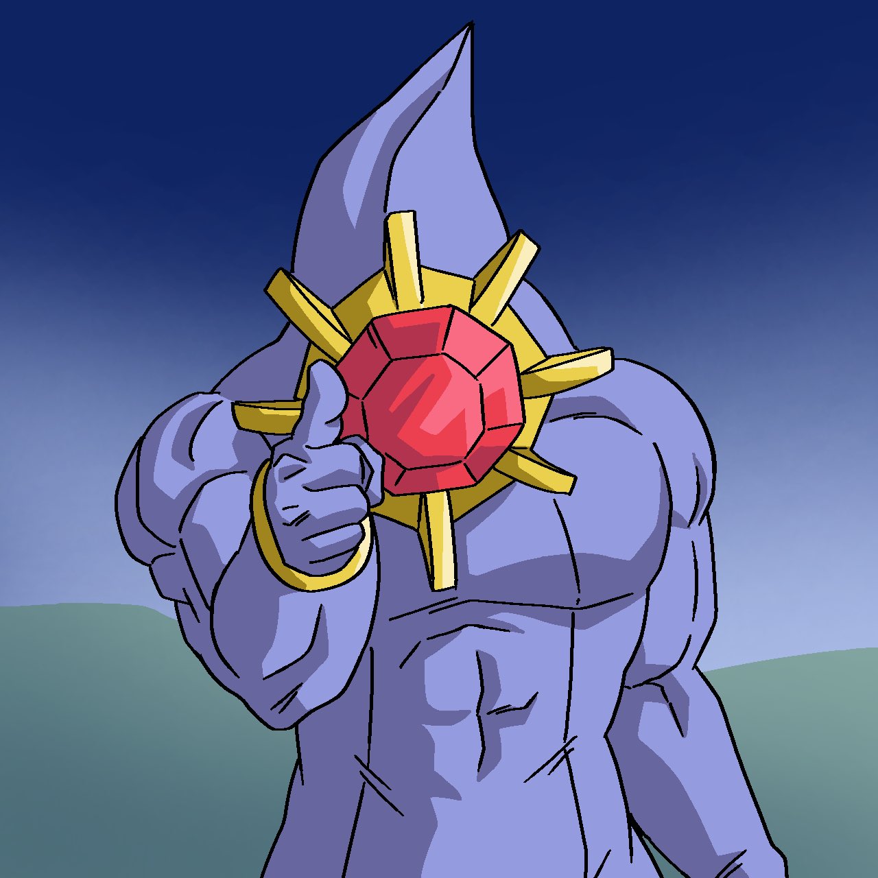 mega starmie, starmie, nintendo, pokemon, highres, a3rudbzeno, colored skin, gem, gen 1 pokemon, mega pokemon, muscular, no eyes, no humans, parody, pointing, pointing at viewer, pokemon (creature), pokemon focus, purple skin, red gemstone, starfish, upper body