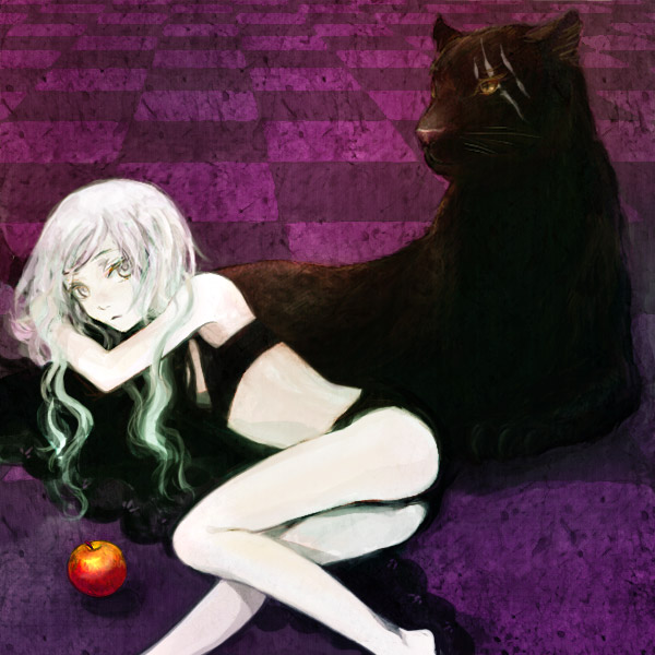 kno, kno (anahita), black panther, original, bad id, bad pixiv id, 1girl, animal, apple, ass, barefoot, bikini, female focus, food, fruit, lace, pale skin, panther, scar, solo, swimsuit, white hair