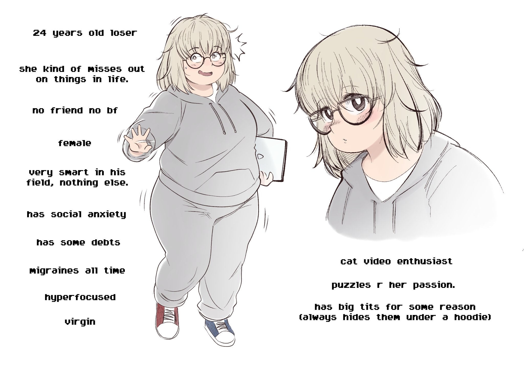 cloudxmoe, original, highres, 1girl, asymmetrical footwear, blonde hair, blue shoes, character profile, computer, fang, fat, glasses, grey hoodie, grey pants, holding, hood, hoodie, laptop, medium hair, messy hair, mismatched footwear, pants, red shoes, reference sheet, shirt, shoes, skin fang, sneakers, surprised, sweatdrop, sweatpants, t-shirt, undershirt