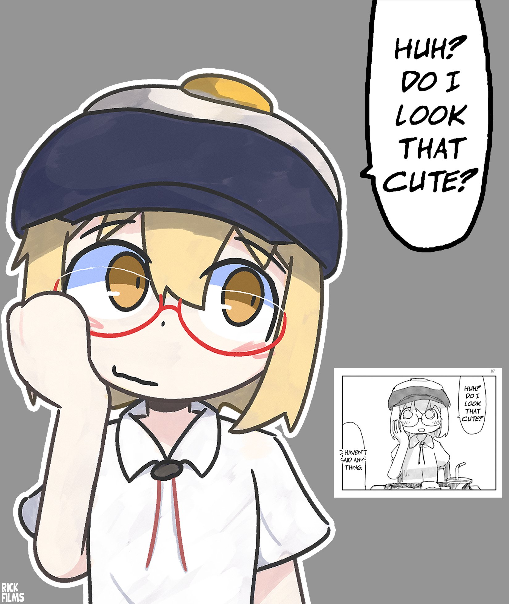 yamashita majime, shimeji simulation, derivative work, highres, 1girl, artist name, black hat, blonde hair, blush, character cutout, comic panel inset, comic panel redraw, food, food on head, fried egg, grey background, hand on own cheek, hand on own face, hat, object on head, orange eyes, red-framed eyewear, rickfilmstwo, shirt, short hair, speech bubble, white shirt