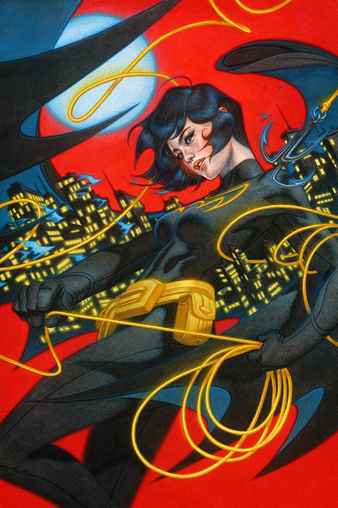 batgirl, cassandra cain, dc comics, acrylic paint (medium), colored pencil (medium), painting (medium), traditional media, 1girl, belt, black bodysuit, black gloves, black hair, bodysuit, breasts, city lights, cowboy shot, feet out of frame, full moon, gloves, gold belt, holding lasso, lasso, medium breasts, moon, my name is tran, parted lips, red background, short hair, solo, superhero costume, turtleneck, turtleneck bodysuit