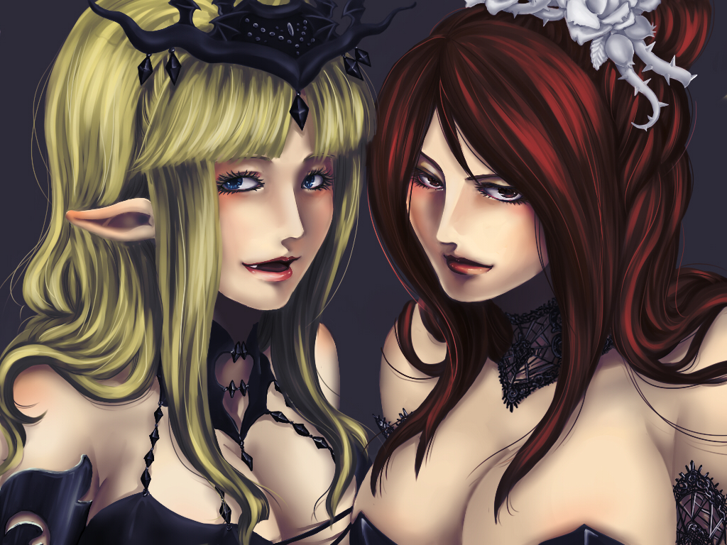 suzaki, succubus (castlevania), castlevania: lament of innocence, castlevania: symphony of the night, castlevania (series), bad id, bad pixiv id, 2girls, bare shoulders, blonde hair, blue eyes, breast press, breasts, choker, cleavage, crossover, demon, demon girl, detached sleeves, eyelashes, fang, flower, hair ornament, helm, helmet, jewelry, lace, large breasts, lips, lipstick, long hair, makeup, multiple girls, pointy ears, red eyes, red hair, rose, smile, symmetrical docking, thorns, white flower, white rose