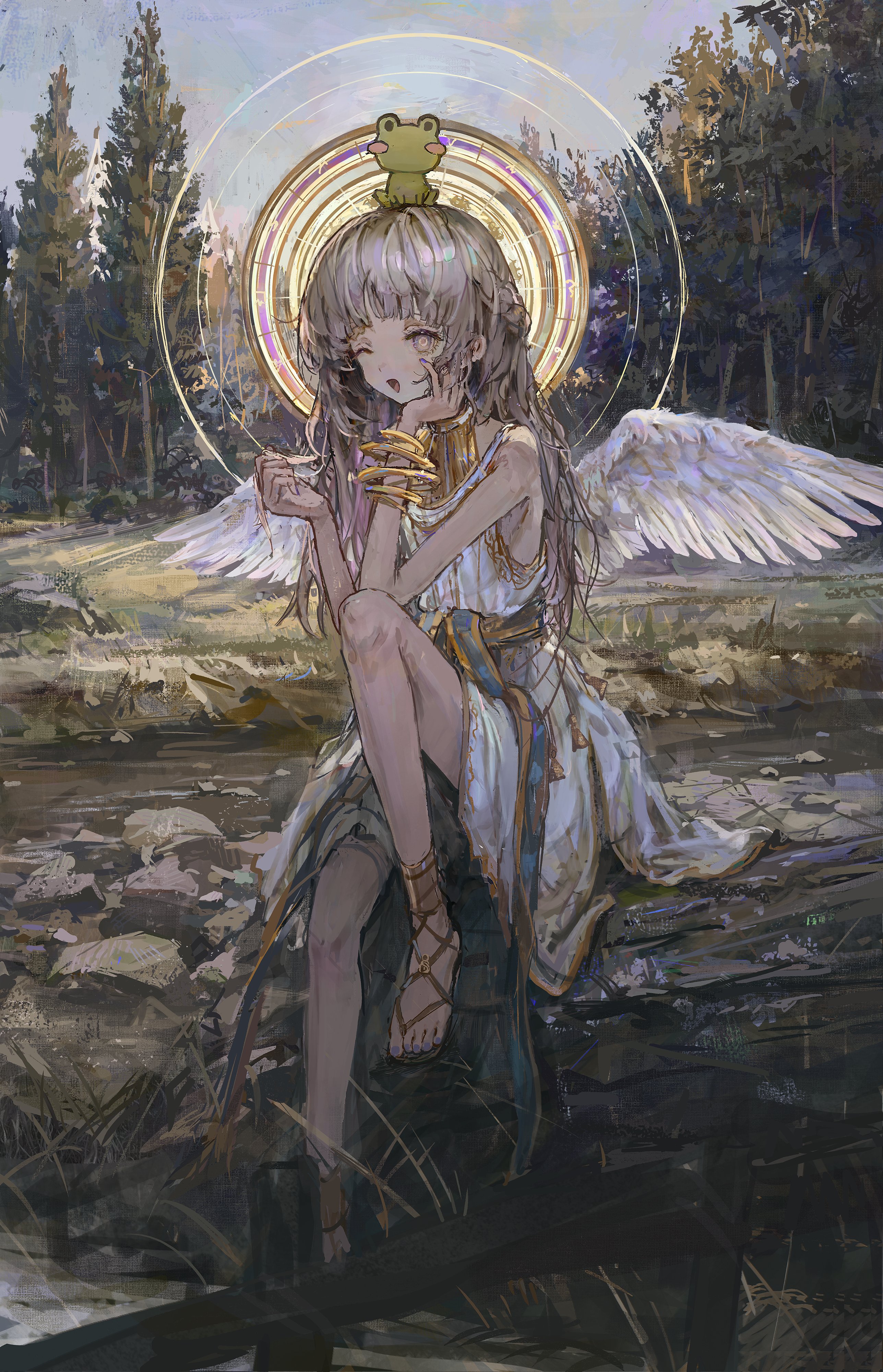 shion (mirudakemann), absurdres, highres, 1girl, angel, angel wings, animal, animal on head, bare shoulders, bracelet, brown hair, day, dress, feathered wings, forest, frog, grass, grey eyes, grey hair, halo, hand on own cheek, hand on own face, holding, jewelry, knee up, long hair, nature, on head, one eye closed, open mouth, outdoors, rock, sandals, sitting, sky, sleeveless, sleeveless dress, solo, stuffed animal, stuffed toy, toenails, tree, white dress, white wings, wings