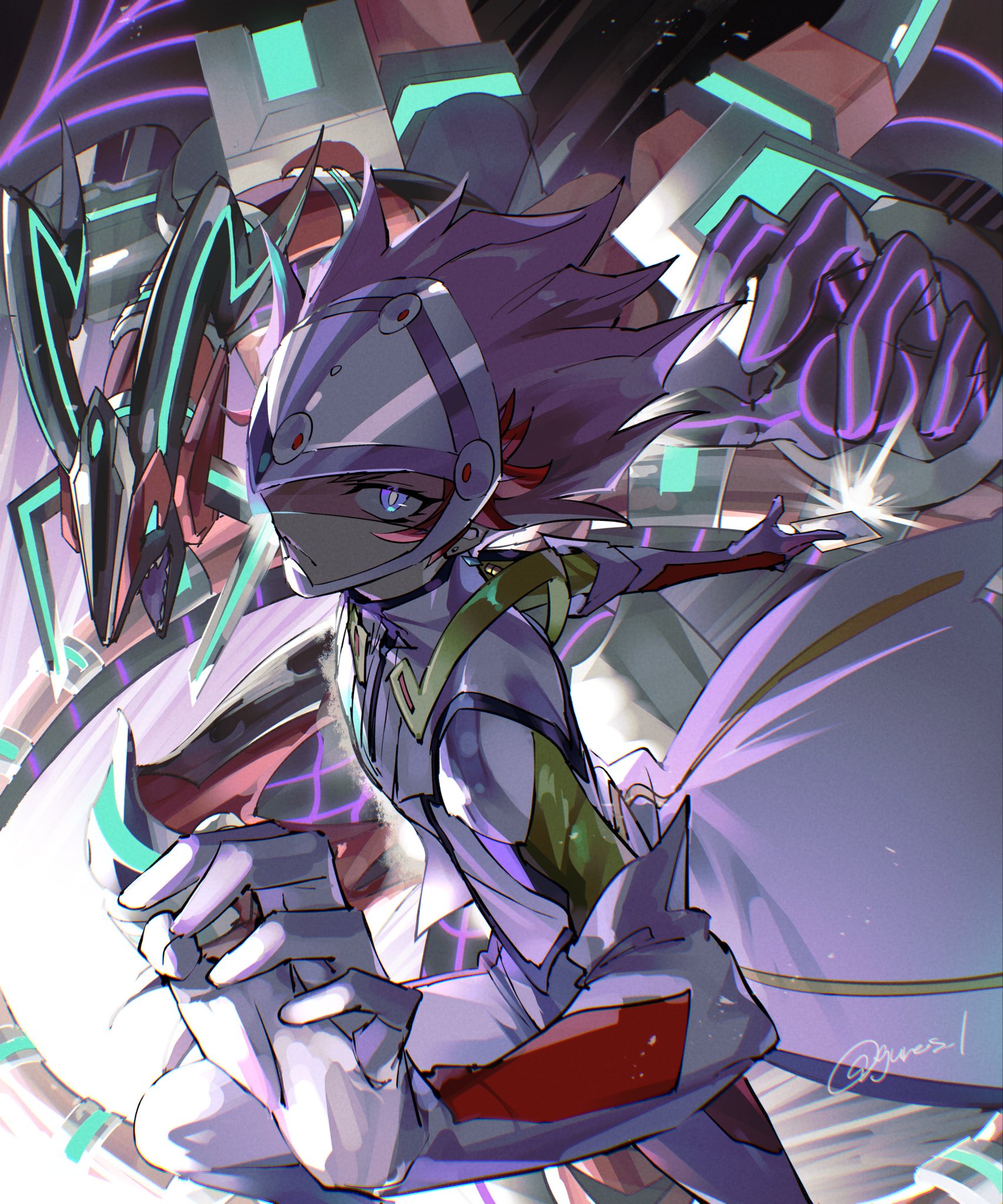 mayona (mayona1poke), revolver (yu-gi-oh!), yu-gi-oh!, yu-gi-oh! vrains, highres, 1boy, 1other, artist name, assault visor, black gloves, blue eyes, borreload fatal flare dragon, bullet earrings, closed mouth, coat, dragon, dragon horns, dragon tail, dragon wings, duel monster, earrings, gloves, green trim, grey hair, horns, jewelry, kogami ryoken, looking at viewer, multicolored hair, open mouth, red hair, tail, two-tone hair, white coat, wings