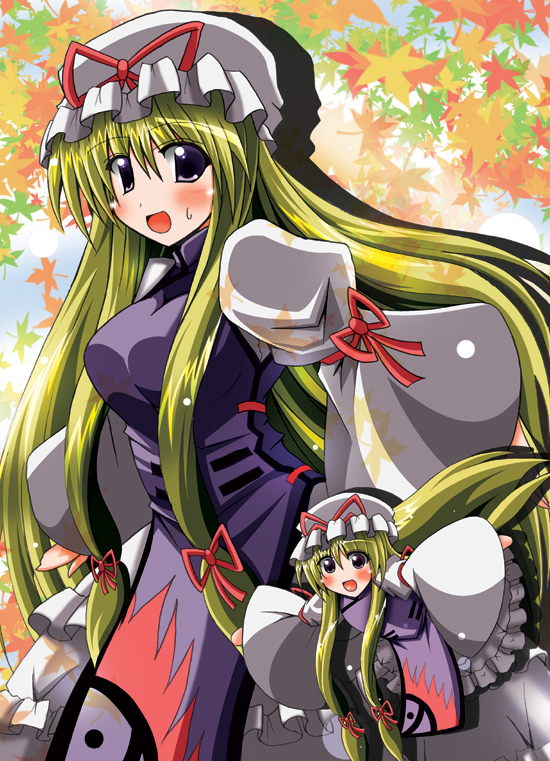 kotorimax, yakumo yukari, touhou, 1girl, :d, blonde hair, blue eyes, blush, child, female focus, frills, hat, long sleeves, looking at viewer, mob cap, open mouth, sidelocks, smile, solo, tabard, yin yang
