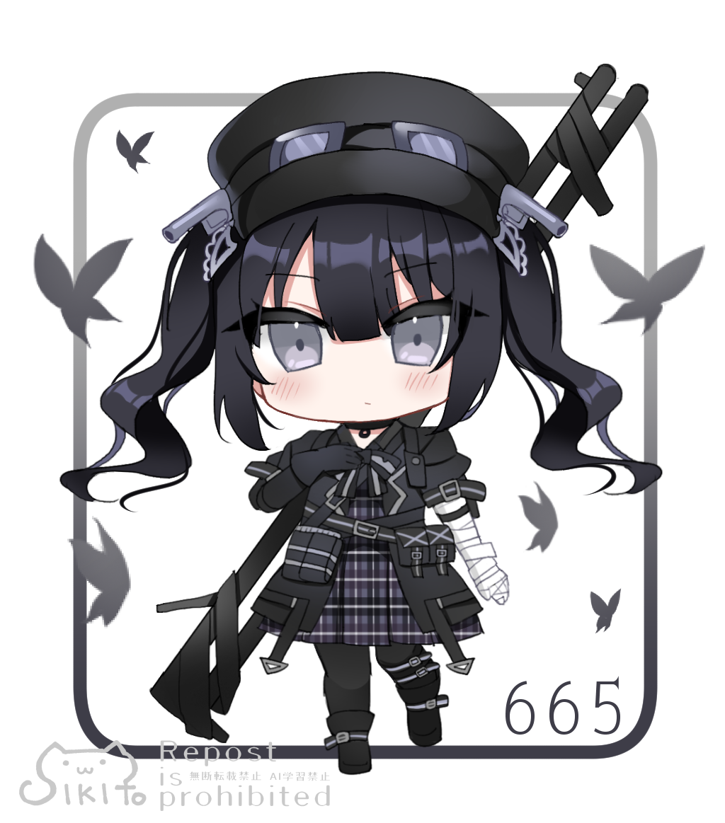 shikito (yawa0w0), kurobe nanoka, mahou shoujo no majo saiban, 1girl, animal, bandaged arm, bandaged hand, bandages, black boots, black gloves, black hair, black hat, black jacket, black pantyhose, blush, boots, bug, butterfly, chibi, closed mouth, full body, gloves, goggles, goggles on headwear, grey eyes, gun, hand up, hat, insect, jacket, long hair, looking at viewer, open clothes, open jacket, pantyhose, plaid clothes, plaid skirt, pleated skirt, puffy short sleeves, puffy sleeves, purple skirt, short sleeves, single glove, skirt, solo, standing, standing on one leg, twintails, watermark, weapon, white background