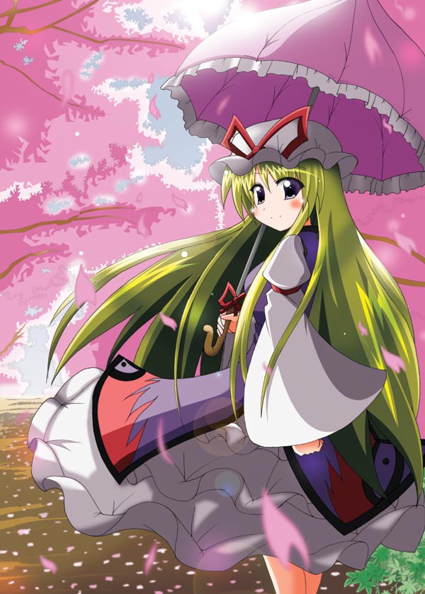 kotorimax, yakumo yukari, touhou, 1girl, blonde hair, child, female focus, flower, long hair, outdoors, plant, purple eyes, sky, solo, standing, tree, umbrella