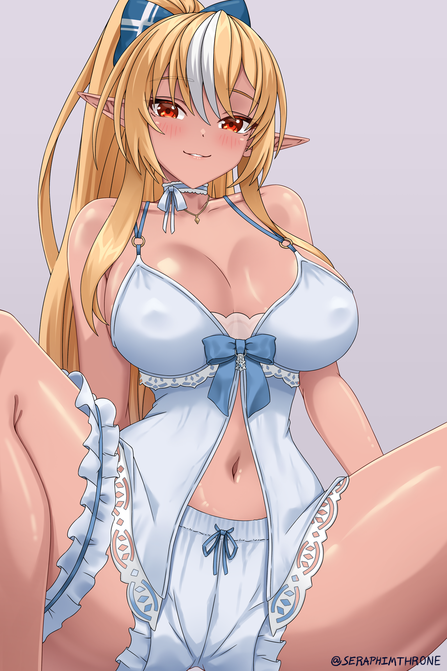 seraphim throne, shiranui flare, shirogane noel, shirogane noel (9th costume), hololive, commentary, english commentary, highres, 1girl, babydoll, blonde hair, bloomers, blue babydoll, blue bloomers, blue choker, blue nightgown, blush, bow, breasts, choker, cosplay, dark-skinned female, dark elf, dark skin, elf, frilled shorts, frills, hair bow, high ponytail, large breasts, long hair, looking at viewer, multicolored hair, nightgown, open mouth, pointy ears, ponytail, red eyes, shirogane noel (cosplay), shirt ribbon, shorts, sidelocks, smile, solo, streaked hair, string choker, underwear, virtual youtuber, white hair