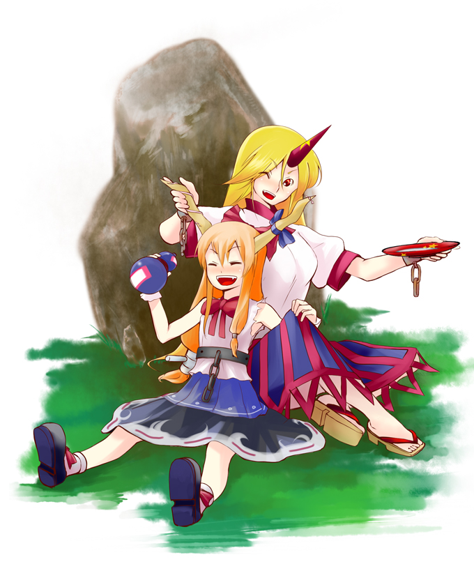 had (had314), hoshiguma yuugi, ibuki suika, touhou, bad id, bad pixiv id, 2girls, alcohol, blonde hair, closed eyes, cup, drunk, female focus, horns, long hair, multiple girls, one eye closed, orange hair, red eyes, sakazuki, sake, single horn, wink