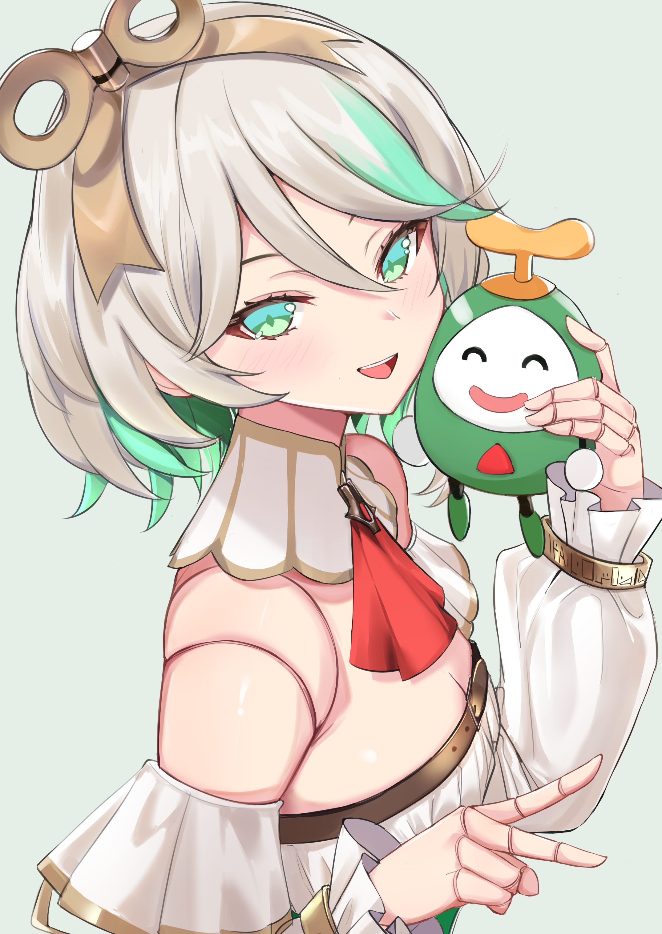 heckler kai, cecilia immergreen, cecilia immergreen (1st costume), otomo (cecilia immergreen), hololive, hololive english, absurdres, highres, 1girl, ascot, breasts, detached collar, doll joints, green eyes, green hair, grey hair, hair between eyes, joints, open mouth, red ascot, romper, small breasts, virtual youtuber, white romper, winding key