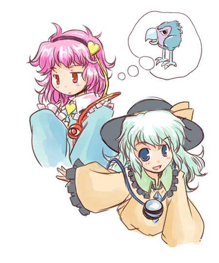 kanoe soushi, komeiji koishi, komeiji satori, touhou, 2girls, female focus, imagining, multiple girls, siblings, sisters