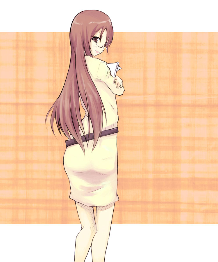 otsutama takashi, yamanaka sawako, k-on!, 00s, 1girl, ass, belt, brown eyes, brown hair, dress, female focus, glasses, long hair, looking back, no legwear, pencil skirt, skirt, solo, sweater, sweater dress, teacher