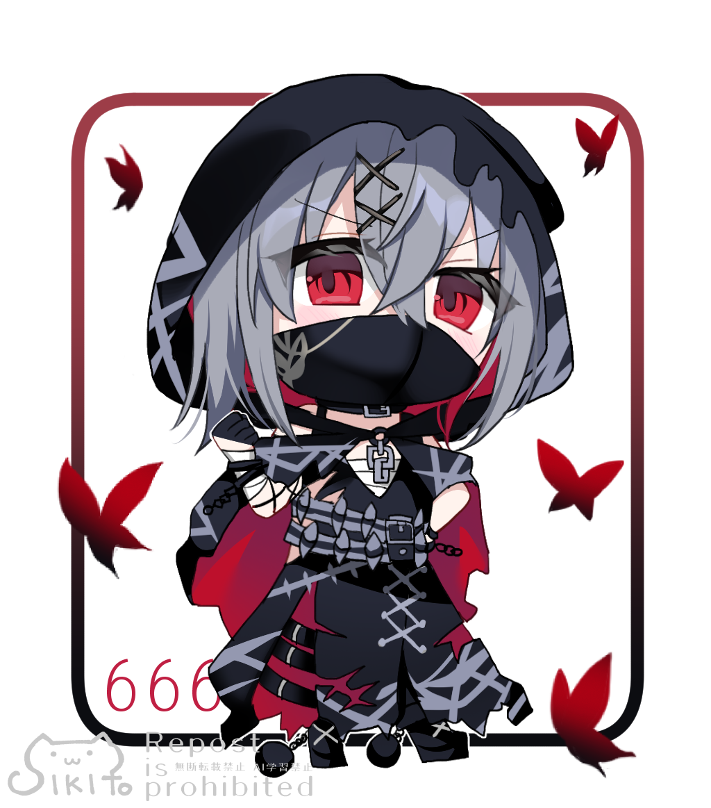 shikito (yawa0w0), shito alisa, mahou shoujo no majo saiban, 1girl, animal, bandaged arm, bandages, black capelet, black dress, black gloves, bug, butterfly, capelet, chained legs, chibi, dress, full body, gloves, grey hair, hair between eyes, hair ornament, hairclip, half gloves, hand up, hood, hood up, hooded capelet, insect, looking at viewer, mask, metal ball, mouth mask, multicolored hair, red eyes, red hair, sarashi, solo, standing, two-tone hair, v-shaped eyebrows, watermark, white background, x hair ornament