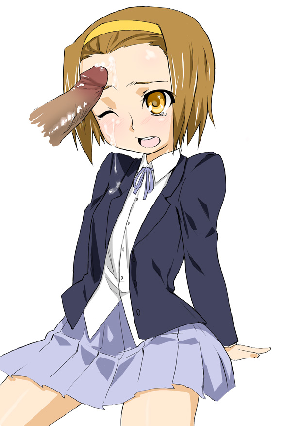 meshiya, tainaka ritsu, k-on!, 00s, 1boy, 1girl, cum, cum on body, cum on forehead, ejaculation, facial, forehead, hairband, one eye closed, penis, school uniform, simple background, tomboy, uncensored, wink