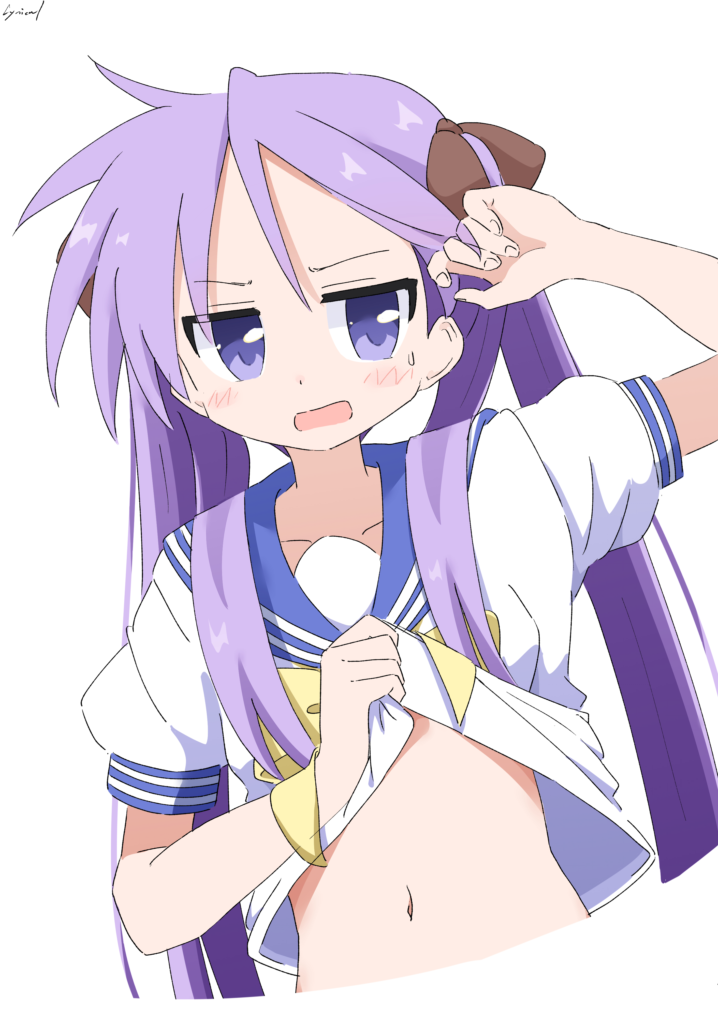 cynical (llcbluckg c004), hiiragi kagami, lucky star, absurdres, commentary request, highres, 1girl, blue sailor collar, blush, bow, bowtie, choppy bangs, clothes lift, cropped torso, hands up, jitome, lifting own clothes, long hair, looking at viewer, navel, open mouth, purple eyes, purple hair, ryouou school uniform, sailor collar, sailor shirt, school uniform, shirt, shirt lift, short sleeves, signature, simple background, solo, stomach, sweat, v-shaped eyebrows, white background, white shirt, yellow bow, yellow bowtie