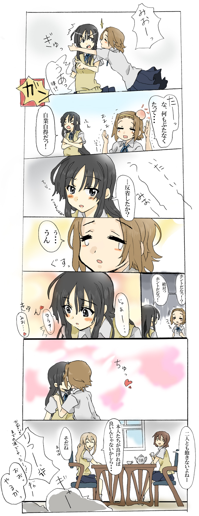 hareta, seita, akiyama mio, hirasawa yui, kotobuki tsumugi, tainaka ritsu, k-on!, highres, translated, 00s, 4girls, comic, kiss, multiple girls, yuri