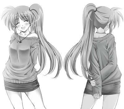island (kossori), raising heart, takamachi nanoha, lyrical nanoha, mahou shoujo lyrical nanoha, mahou shoujo lyrical nanoha strikers, lowres, 00s, 1girl, arms behind back, blush, closed eyes, greyscale, monochrome, off shoulder, side ponytail, smile, sweater