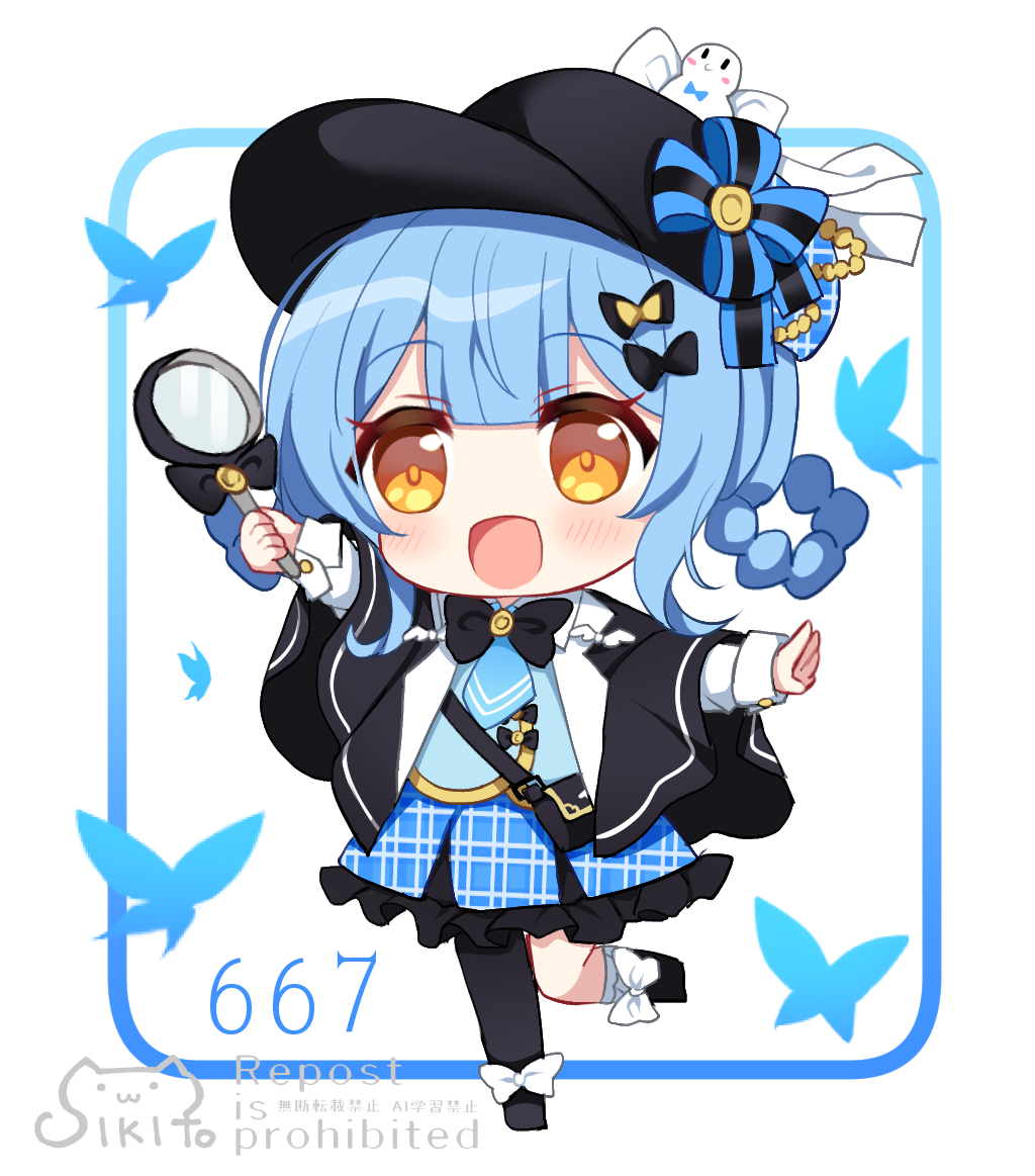 shikito (yawa0w0), tachibana sherry, mahou shoujo no majo saiban, 1girl, :d, black bag, black bow, black capelet, black hat, blue butterfly, blue hair, blue skirt, bow, braid, braided hair rings, bug, butterfly, capelet, chibi, chibi only, deerstalker, detective, full body, hair rings, hat, holding, holding magnifying glass, insect, long sleeves, looking at viewer, magical girl, magnifying glass, open mouth, plaid clothes, plaid skirt, pleated skirt, short hair, skirt, smile, solo, standing, standing on one leg, watermark, white background, yellow eyes