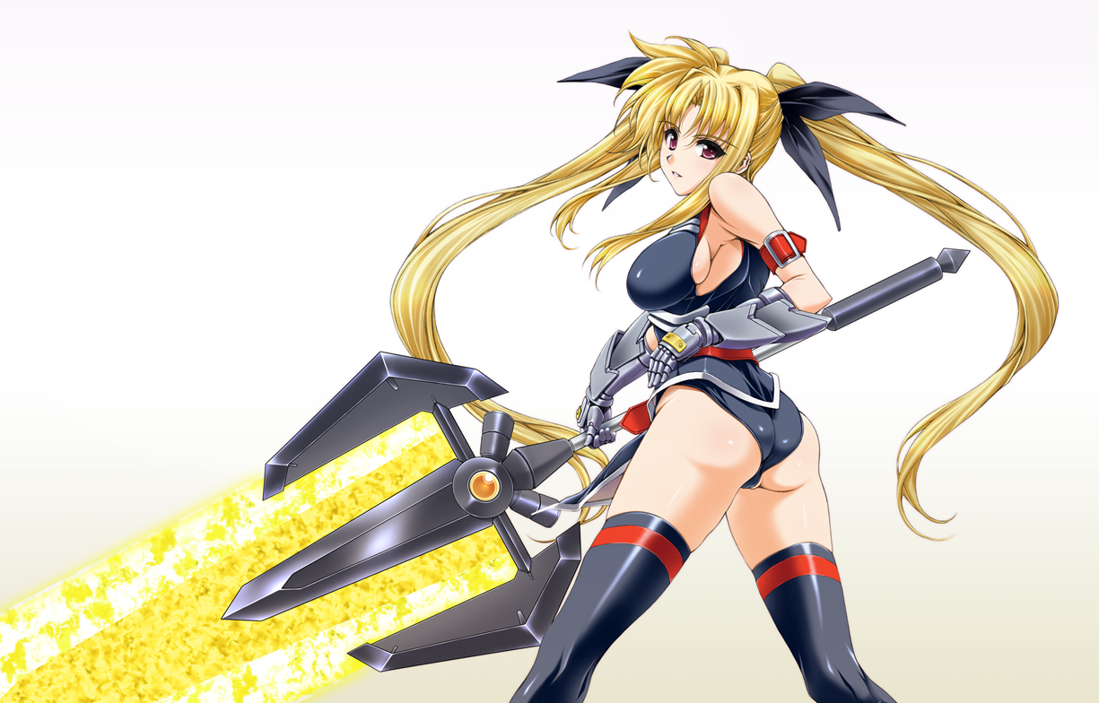yatsushima tetsuya, bardiche (nanoha), bardiche (zanber form) (nanoha), fate testarossa, fate testarossa (true sonic form), lyrical nanoha, mahou shoujo lyrical nanoha, mahou shoujo lyrical nanoha strikers, 00s, 1girl, ass, blonde hair, breasts, energy sword, female focus, huge weapon, large breasts, purple eyes, sideboob, solo, sword, thighhighs, twintails, weapon