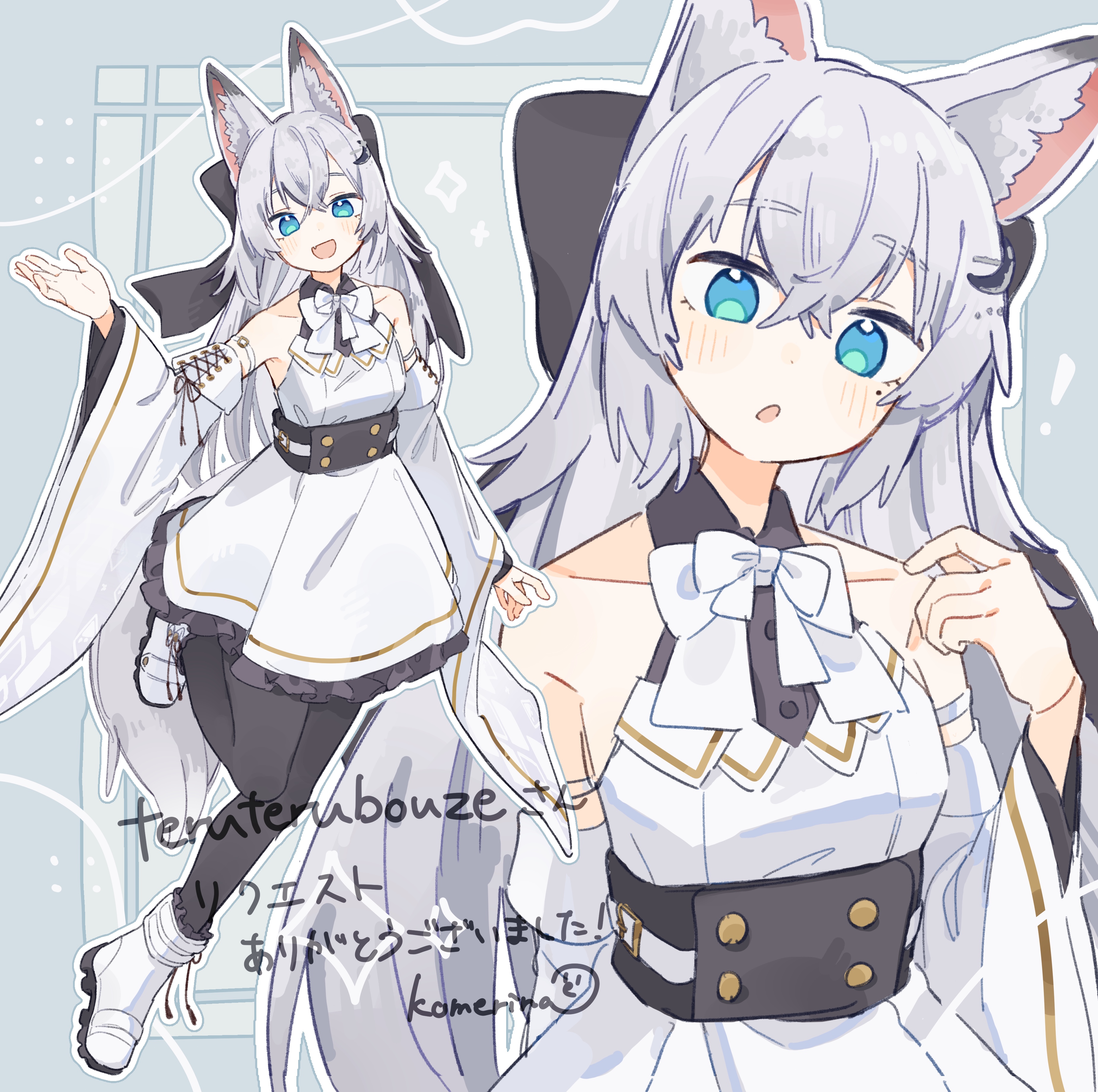 komerina, original, absurdres, commentary, commission, highres, translated, 1girl, :d, :o, animal ear fluff, animal ears, ankle boots, arm strap, artist name, bare shoulders, black bow, black pantyhose, black sash, black trim, blue background, blue eyes, blush, boots, bow, bowtie, collarbone, crescent, crescent hair ornament, detached sleeves, dot nose, double-parted bangs, dress, fang, fox ears, fox girl, fox tail, frilled dress, frills, full body, gold trim, grey hair, hair between eyes, hair bow, hair ornament, hand up, head tilt, large bow, long hair, long sleeves, looking at viewer, multiple views, no pupils, open mouth, pantyhose, parted lips, sash, short dress, sidelocks, signature, skin fang, sleeveless, sleeveless dress, smile, standing, standing on one leg, tail, upper body, waist sash, white boots, white bow, white bowtie, white dress, white sleeves, wide sleeves