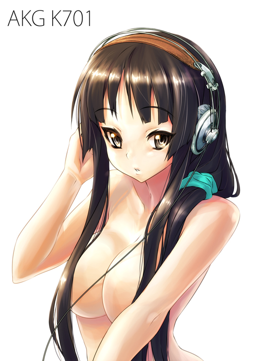 nekomamire, akiyama mio, akg, k-on!, 00s, 1girl, akg k-series headphones, black hair, breasts, censored, convenient censoring, female focus, hair censor, hair over breasts, headphones, large breasts, long hair, nude, solo, topless frame, upper body