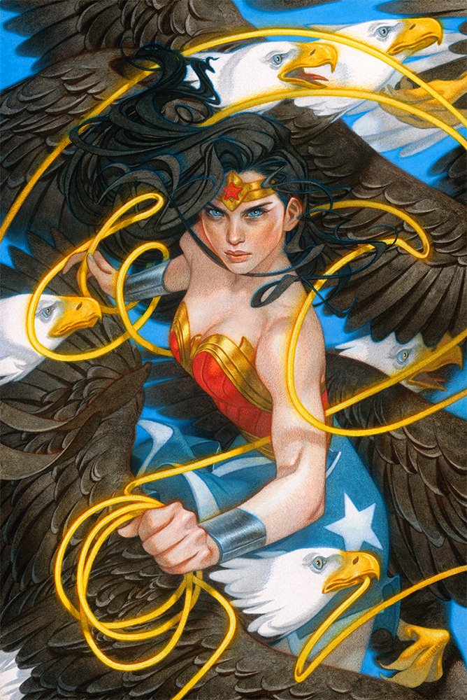 wonder woman, dc comics, wonder woman (series), acrylic paint (medium), colored pencil (medium), official art, painting (medium), traditional media, bald eagle, bare shoulders, bird, black hair, blue background, blue eyes, blue skirt, bracer, breasts, cleavage, closed mouth, cowboy shot, eagle, forehead protector, gold trim, holding lasso, lasso, long hair, looking at viewer, medium breasts, my name is tran, red shirt, shirt, skirt, superhero costume, toned, toned female