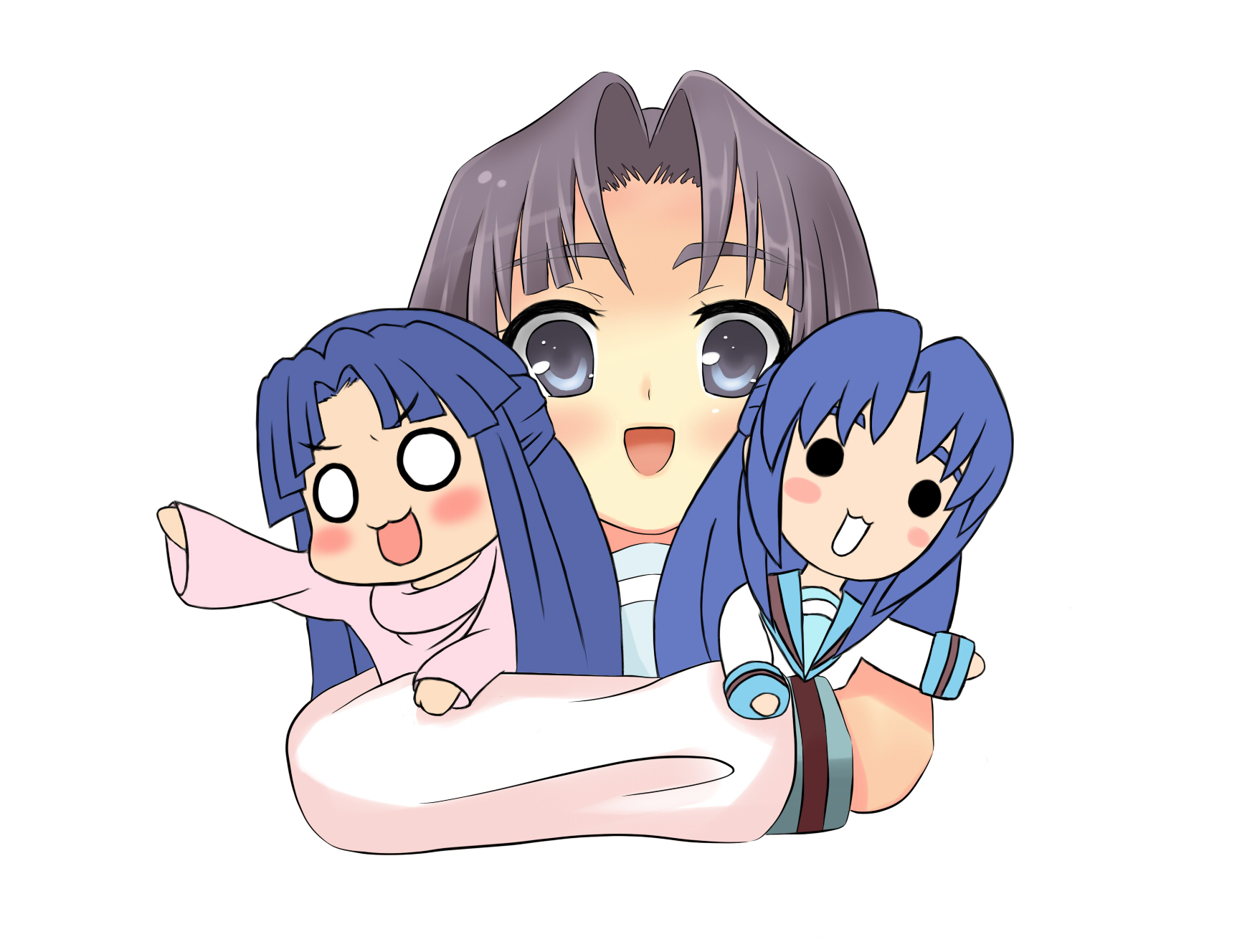 sora (ieyui), achakura, asakura ryoko, ashakura, suzumiya haruhi-chan no yuuutsu, suzumiya haruhi no yuuutsu, bad id, bad pixiv id, highres, 00s, :3, blue eyes, blue hair, chibi, dual persona, long hair, multiple persona, o o, school uniform, serafuku, sweater