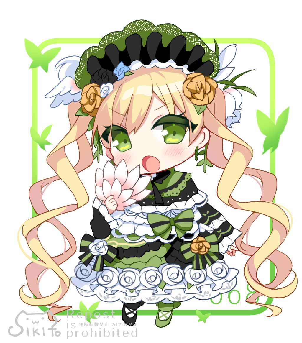 shikito (yawa0w0), tono hanna, mahou shoujo no majo saiban, 1girl, :o, asymmetrical footwear, black capelet, black flower, black rose, blonde hair, bonnet, bow, bug, butterfly, capelet, dress, dress flower, flower, flower-trimmed dress, flower trim, frilled dress, frills, full body, green bow, green dress, green eyes, green shoes, hair flower, hair ornament, hand fan, holding, holding fan, insect, lolita fashion, long hair, long sleeves, looking at viewer, magical girl, mismatched footwear, open mouth, quad tails, rose, shoes, solo, twintails, v-shaped eyebrows, very long hair, watermark, white background, white flower, white rose, yellow flower, yellow rose