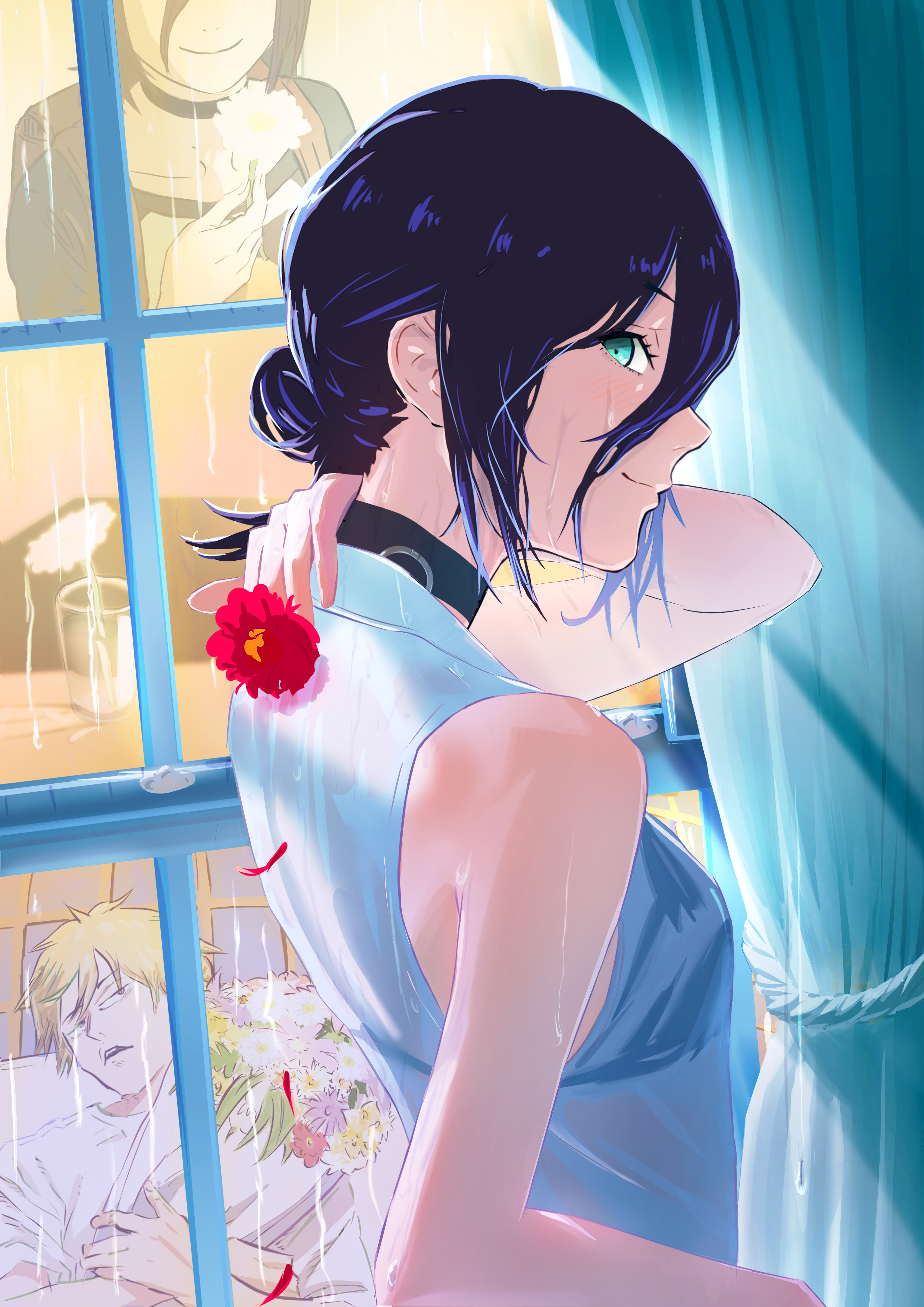 imzen, denji (chainsaw man), reze (chainsaw man), chainsaw man, absurdres, commentary request, highres, 1girl, black choker, blue eyes, bra visible through clothes, breasts, choker, closed mouth, flower, grenade pin, hair bun, holding, holding flower, looking at viewer, purple hair, red flower, shirt, sleeveless, sleeveless shirt, small breasts, solo, wet, wet clothes, wet shirt, white shirt, window