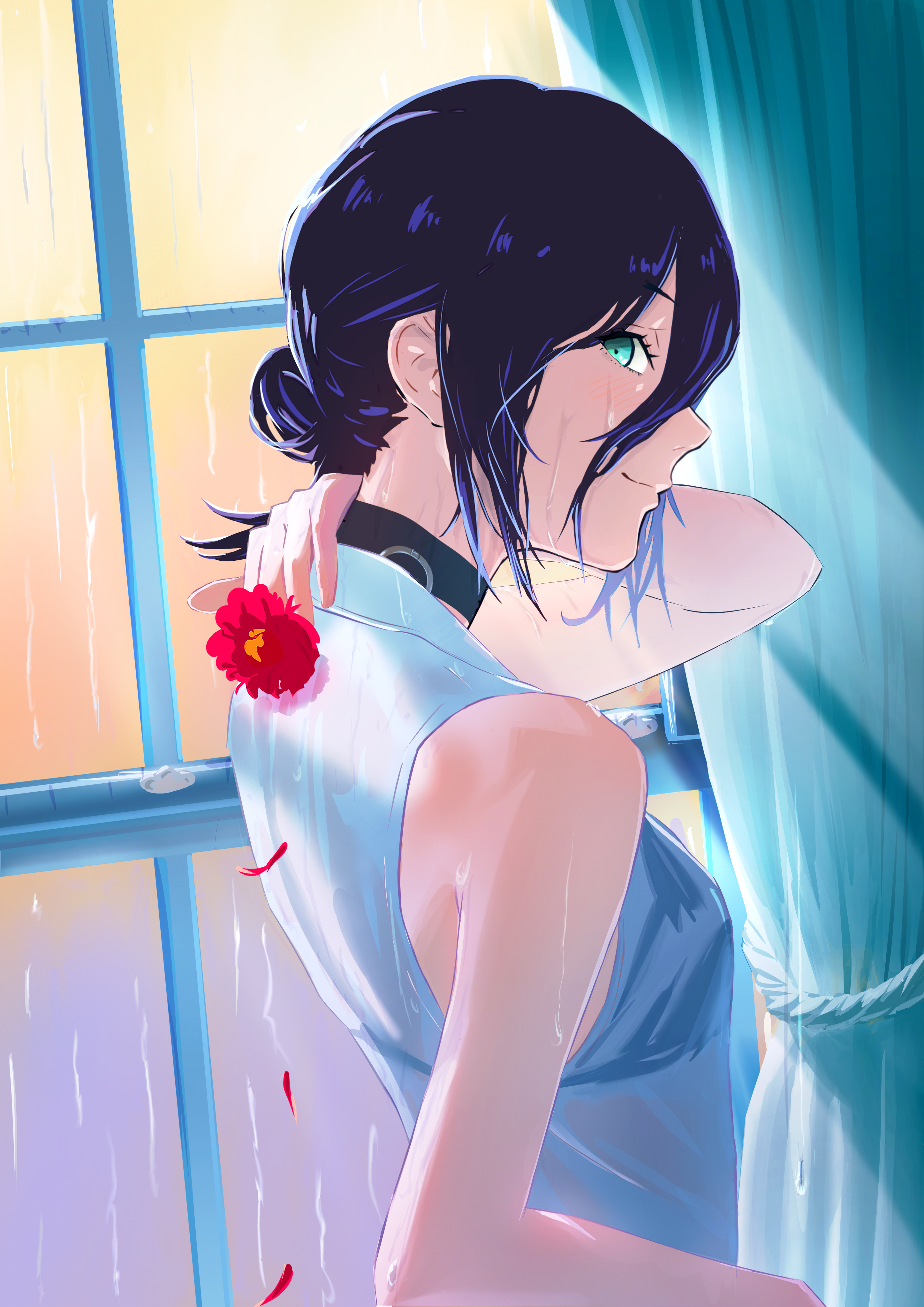 imzen, reze (chainsaw man), chainsaw man, absurdres, commentary request, highres, 1girl, black choker, blue eyes, bra visible through clothes, breasts, choker, closed mouth, flower, grenade pin, hair bun, holding, holding flower, looking at viewer, purple hair, red flower, shirt, sleeveless, sleeveless shirt, small breasts, solo, wet, wet clothes, wet shirt, white shirt, window