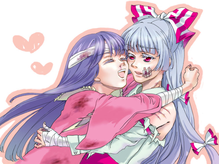 meg3lk, fujiwara no mokou, houraisan kaguya, touhou, silver hair, bad id, bad pixiv id, 2girls, bandages, black hair, bow, female focus, hair bow, hair ribbon, injury, long hair, multiple girls, multiple hair bows, red eyes, ribbon, torn clothes, upper body, white background