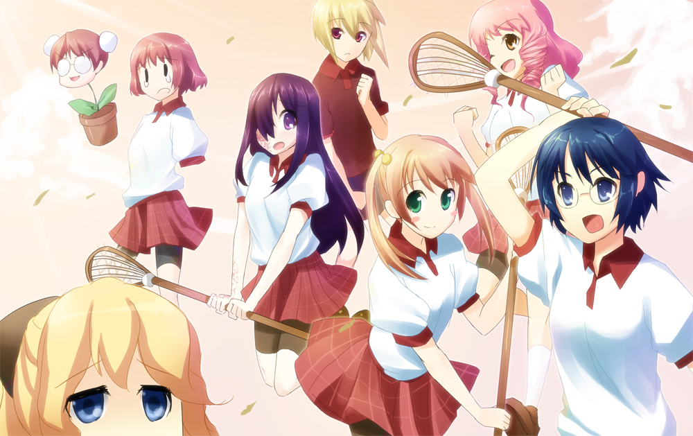 weee (raemz), hakamichi shizune, ibarazaki emi, ikezawa hanako, mikado shiina, satou akira, satou lilly, setou kenji, shirakawa yuuko, tezuka rin, katawa shoujo, bad id, bad pixiv id, 10s, 6+girls, amputee, armless amputee, bike shorts, blind, blonde hair, blue eyes, blush, double amputee, glasses, green eyes, gym uniform, happy, lacrosse, long hair, multiple girls, one eye closed, open mouth, pink hair, purple eyes, purple hair, red eyes, reverse trap, ribbon, scar, short hair, skirt, twintails, wink