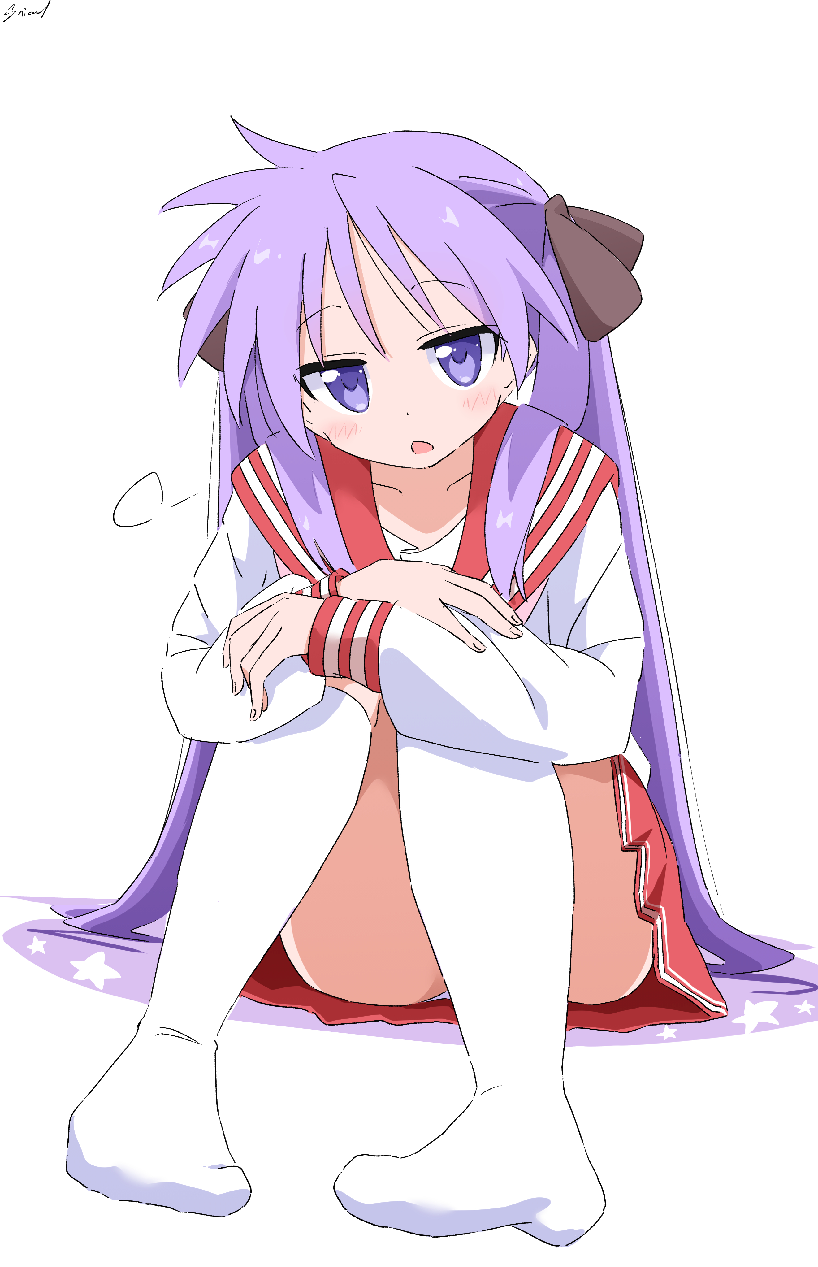 cynical (llcbluckg c004), hiiragi kagami, lucky star, absurdres, commentary request, highres, 1girl, choppy bangs, dot nose, full body, grey ribbon, hair ribbon, hugging own legs, jitome, kneehighs, knees up, long hair, long sleeves, looking at viewer, miniskirt, no shoes, open mouth, panties, panty peek, pleated skirt, purple hair, red sailor collar, red skirt, ribbon, ryouou school uniform, sailor collar, school uniform, serafuku, shadow, shirt, signature, simple background, sitting, skirt, socks, solo, star (symbol), underwear, white background, white panties, white shirt, white socks